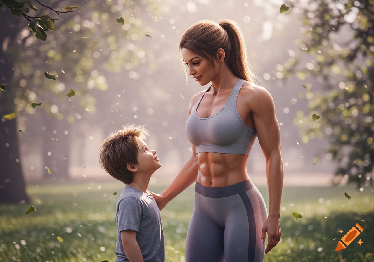 A muscular mother and her young son in a sunny park. The boy looks up at his mother, who gently places a hand on his shoulder.