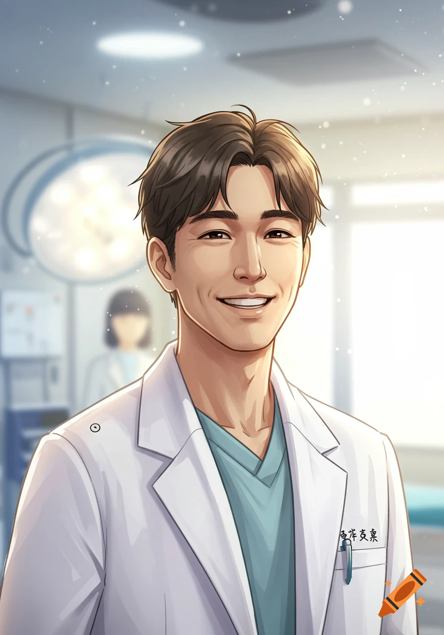 A smiling male doctor in a white lab coat and blue scrubs stands in a bright, blurred hospital room in an anime style.