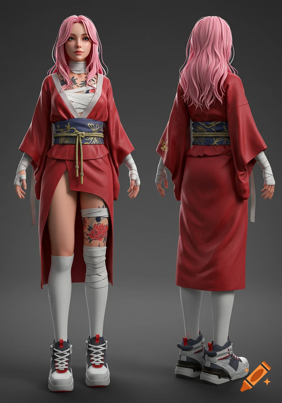 A stylized 3D female character with pink hair in a red kimono with bandages and floral tattoos, shown in a T-pose from front and back view.