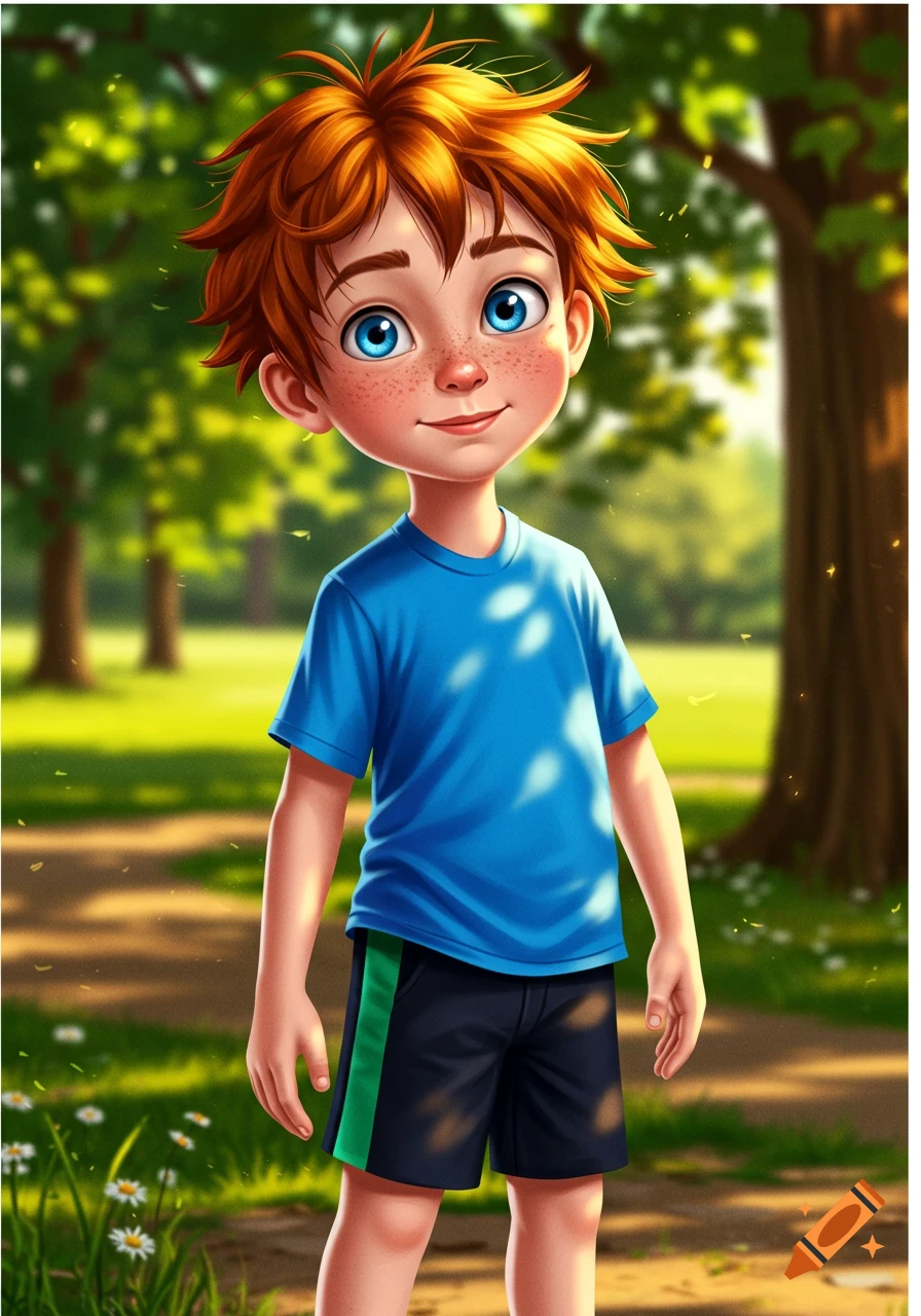 A smiling cartoon boy with red hair, blue eyes, and freckles wears a blue shirt and black shorts with a green stripe, standing in a sunny park.