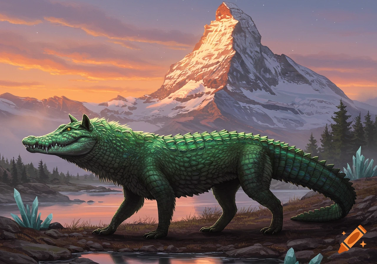 A green crocodile-dog walks by a reflective lake, with a snow-capped mountain lit by a midnight sun in the background.