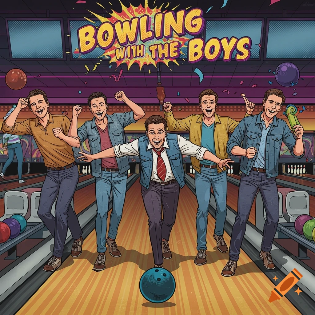 Five happy men in 80s comic style celebrate joyfully in a bowling alley, with a banner above reading "Bowling with the Boys".