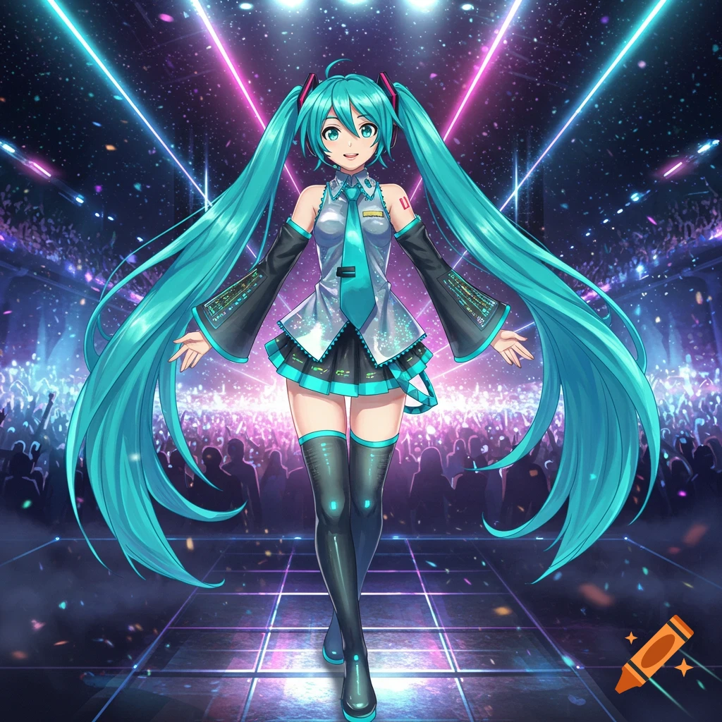 A vibrant anime character, Hatsune Miku, with long turquoise pigtails, stands on a glowing stage before a cheering crowd.