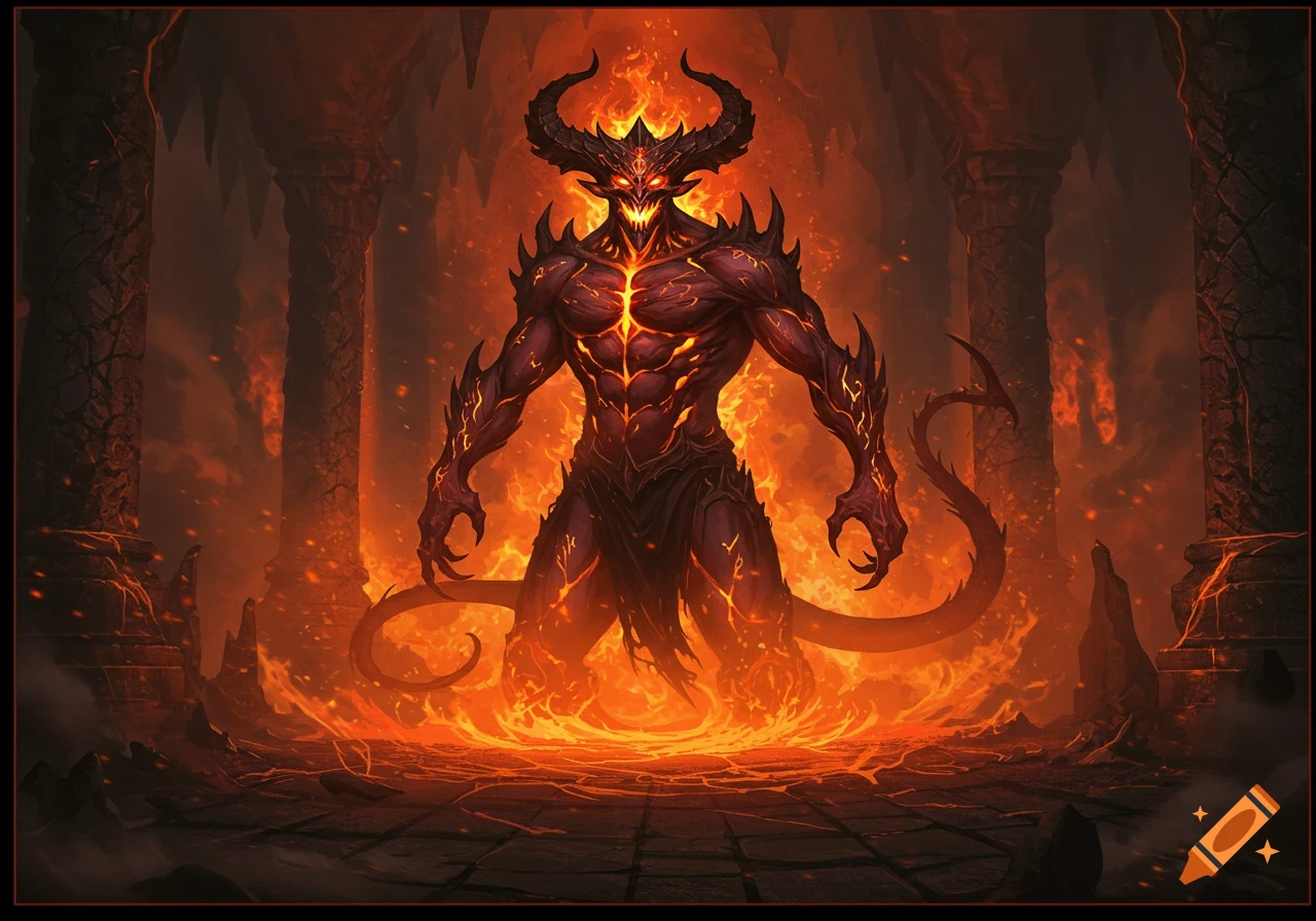 A powerful, horned demon with glowing red eyes and fiery cracks on its body stands in a hellish landscape surrounded by flames.