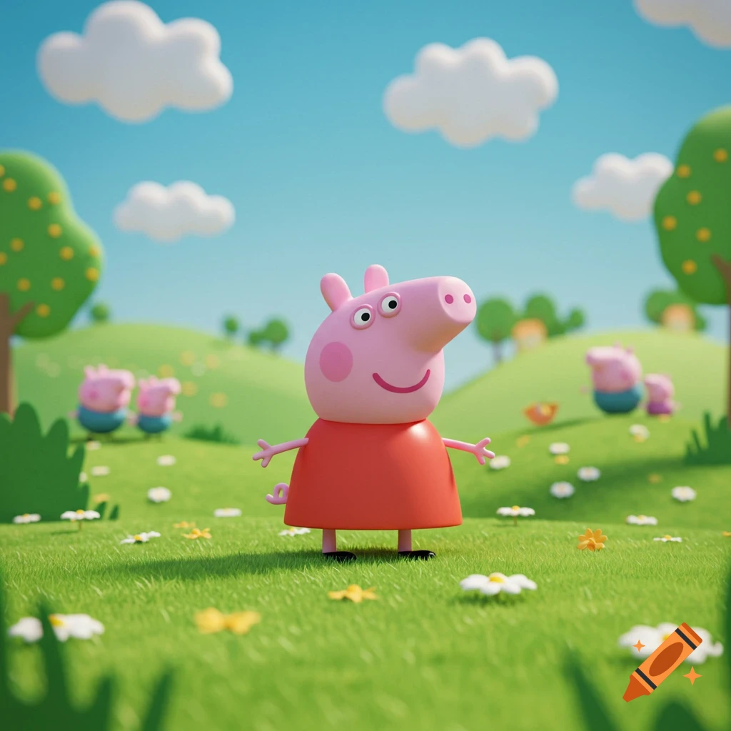 Peppa Pig stands in a grassy field with flowers, under a blue sky with clouds. Other pig characters are in the blurred background.