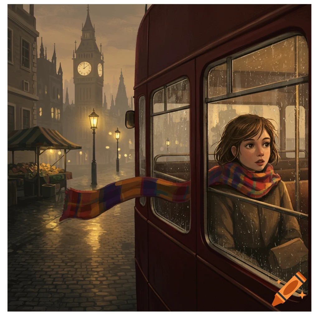 Illustrated scene of a girl with a colorful scarf looking out a red London bus window on a rainy evening, with Big Ben in the background.