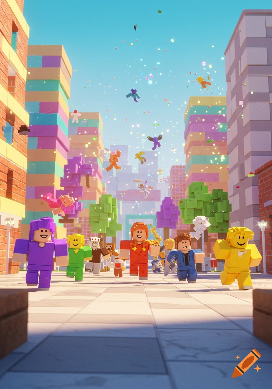 Colorful block-style characters in a festive city scene with confetti falling. Buildings are pastel and bright.