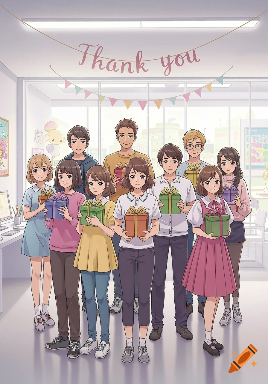 A group of anime-style characters, adults and young adults, stand in an office holding gifts under a "Thank you" banner and party decorations.