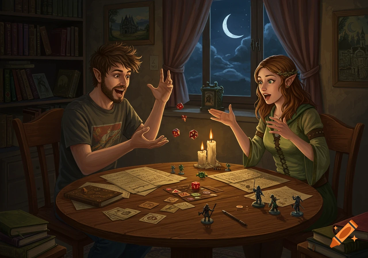Two elf-eared people excitedly playing a fantasy tabletop game with dice, miniatures, and character sheets on a wooden table, lit by candles under a crescent moonlit window.