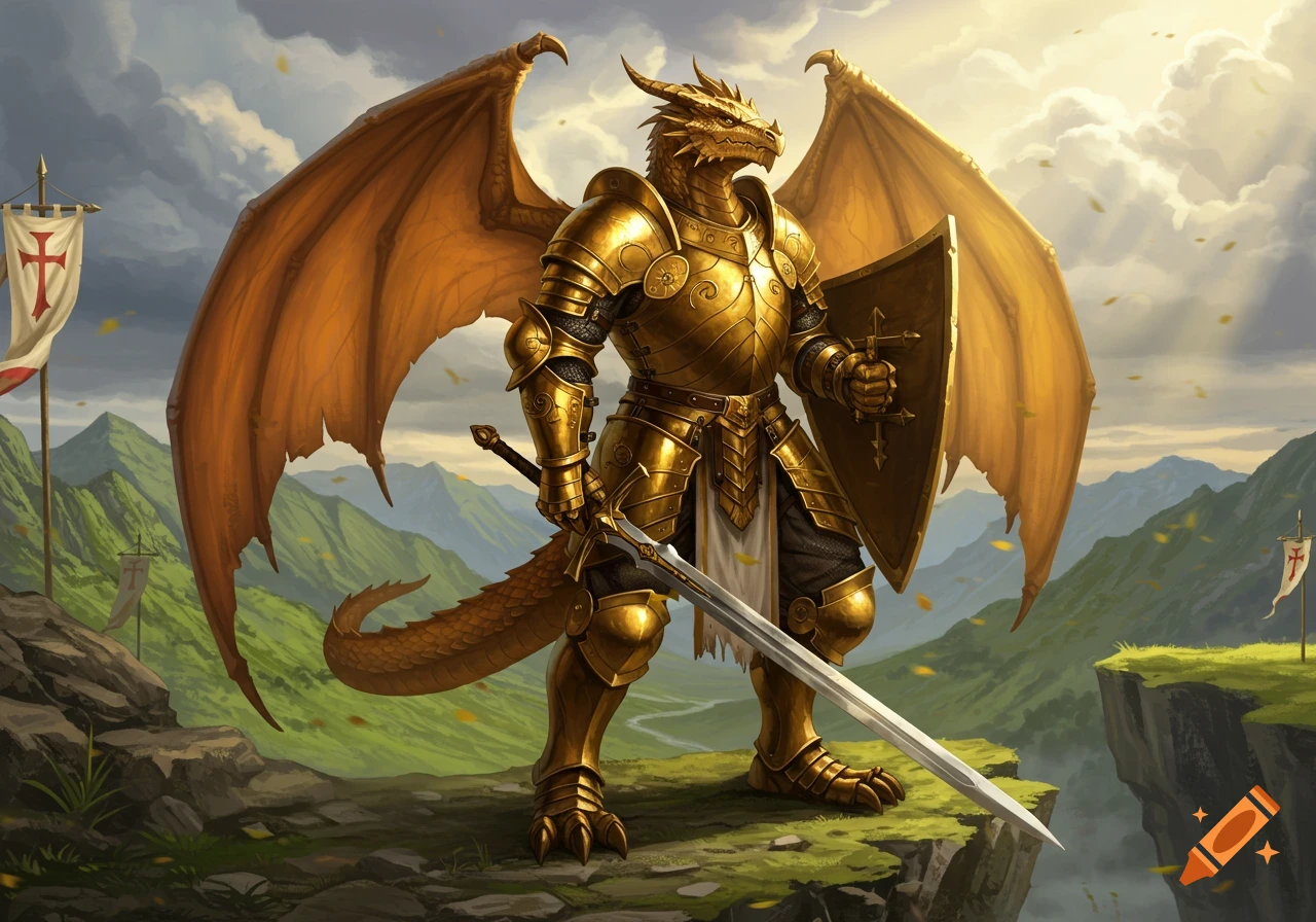 A golden dragonborn paladin in full plate armor with large wings, holding a sword and shield, stands on a cliff overlooking mountains.