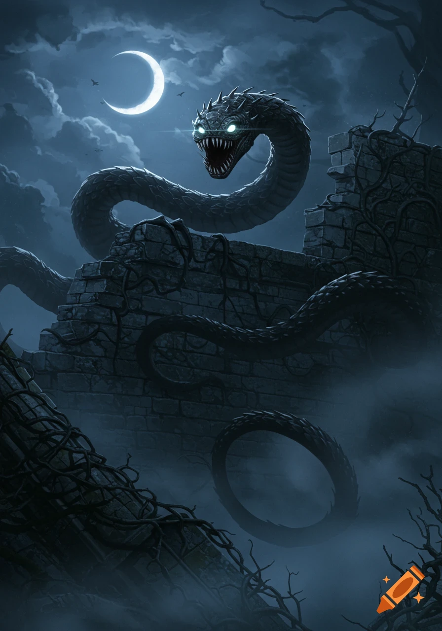 A dark fantasy illustration of a glowing-eyed serpent creature coiled around moonlit ancient ruins under a crescent moon.