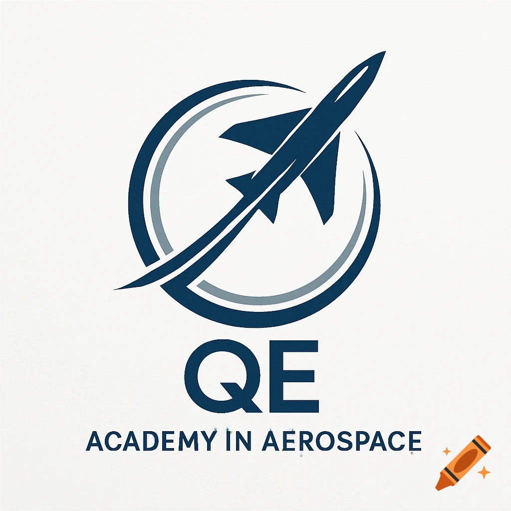 Blue and gray logo with a stylized rocket flying through concentric circles, with 'QE Academy in Aerospace' text.