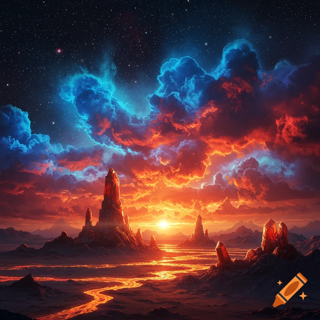 A vibrant fantasy landscape with glowing red crystal formations, a fiery river, and a dramatic sky filled with orange, red, and blue clouds under stars.