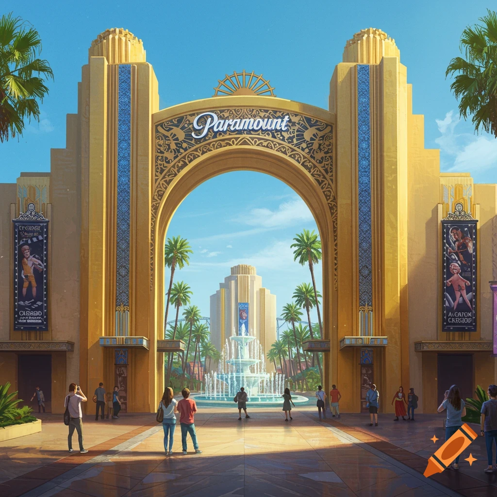 A grand Art Deco style entrance to a 'Paramount' movie park, with an archway, fountains, palm trees, and people strolling.