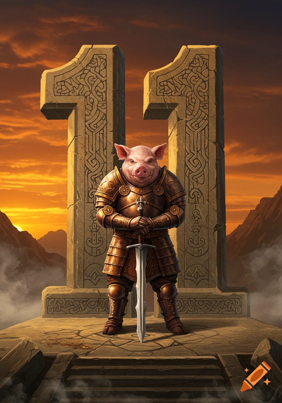 A pig warrior in ornate bronze armor holds a sword, standing before two large stone '11' structures against an orange sunset sky.
