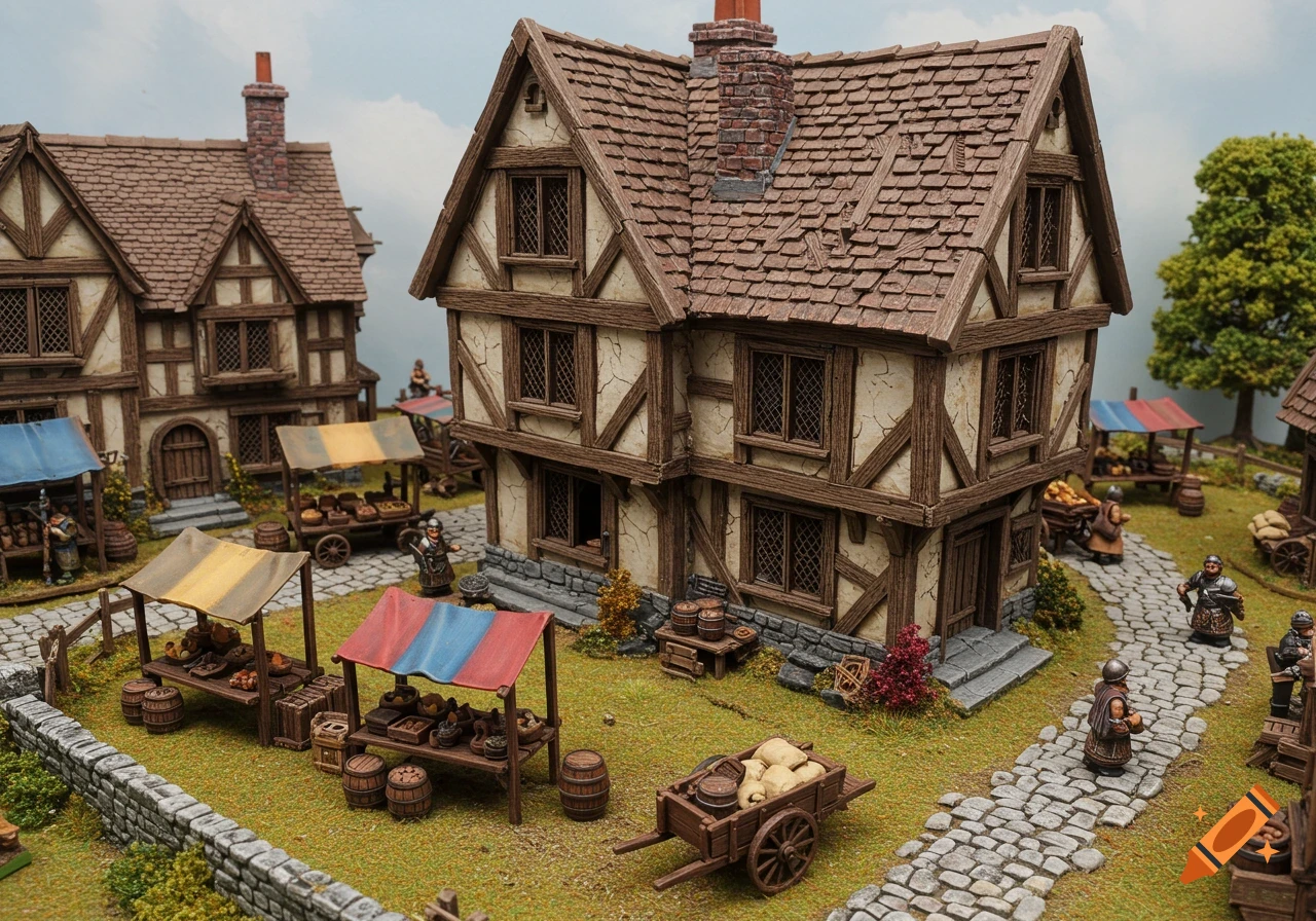 Detailed tabletop miniature scene of a medieval village with timber-framed buildings, cobblestone paths, market stalls, and small figures.
