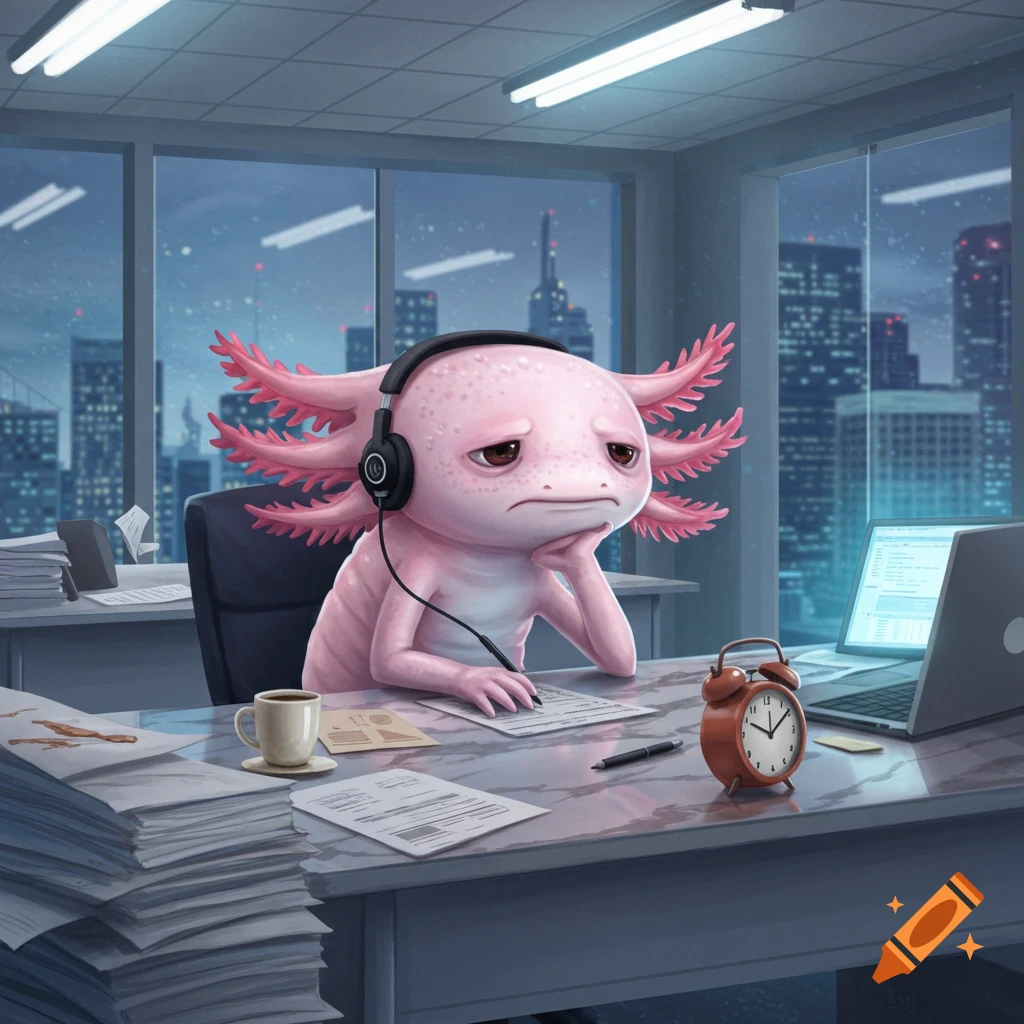 A sad pink axolotl with headphones sits at an office desk piled with papers, next to a laptop and alarm clock, with a city skyline at night.