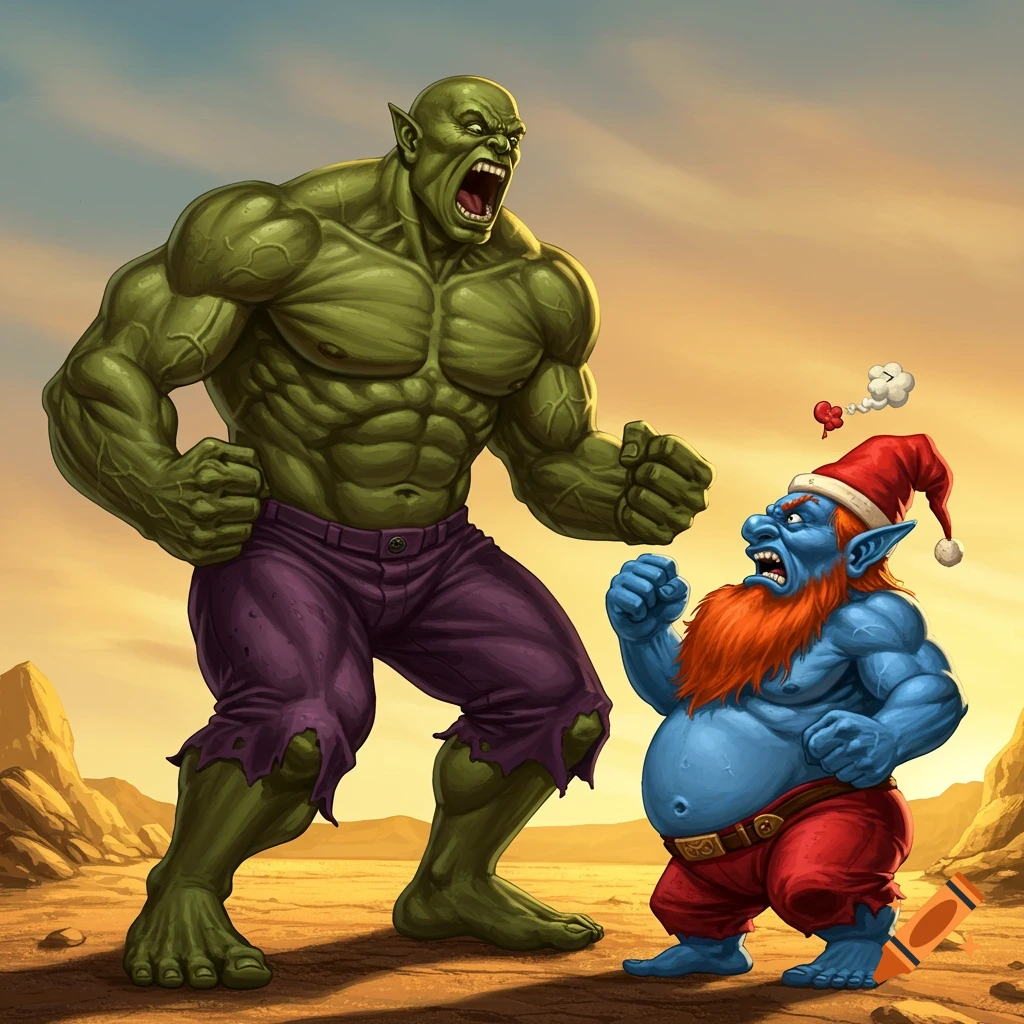 A huge green muscular man in purple pants screams at a small blue dwarf with a red beard and Santa hat, both appear angry in a desert.