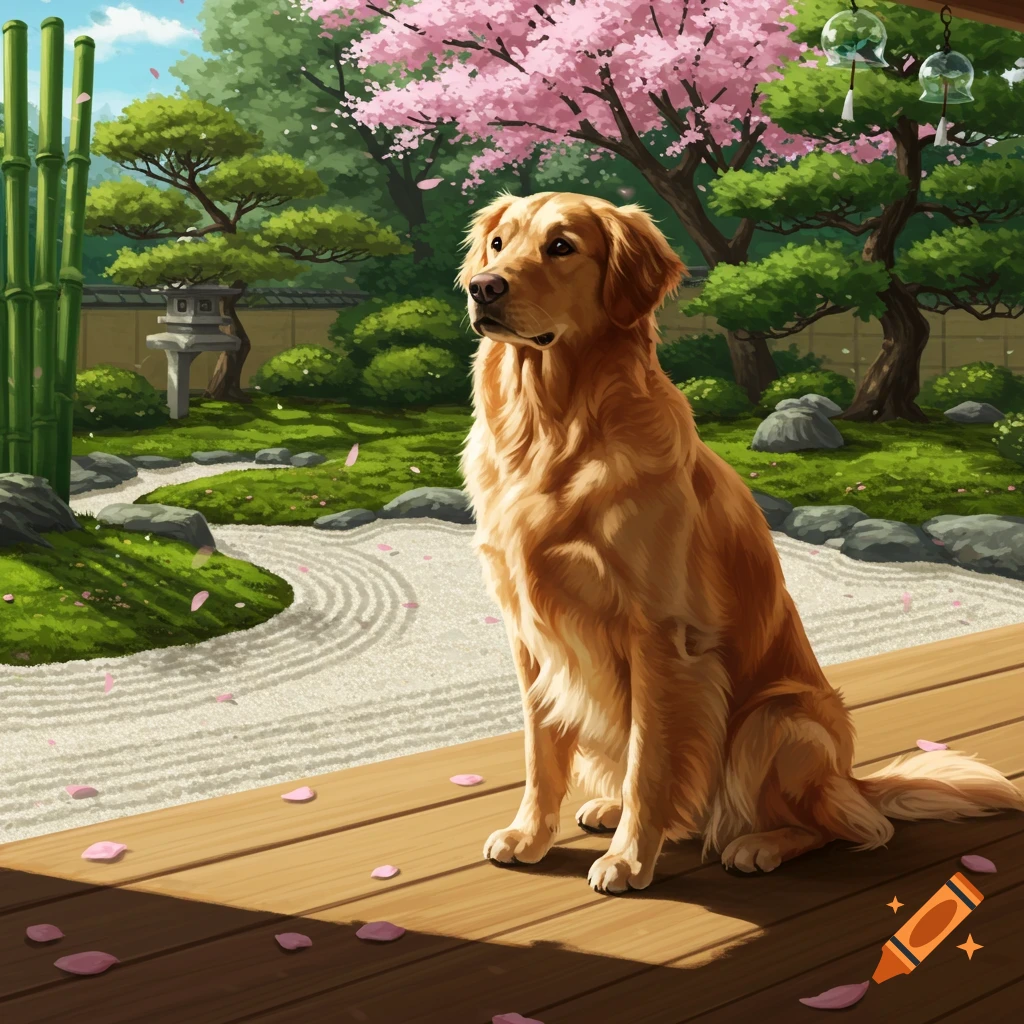 A golden retriever dog sits on a wooden deck amidst fallen pink petals in a Japanese garden with cherry blossoms.
