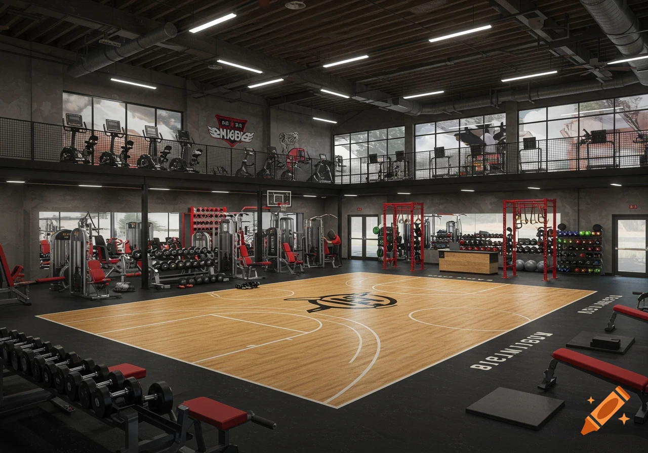 A modern, spacious two-story gym with red and black equipment, a half basketball court, large windows, and a prominent logo on the wall.