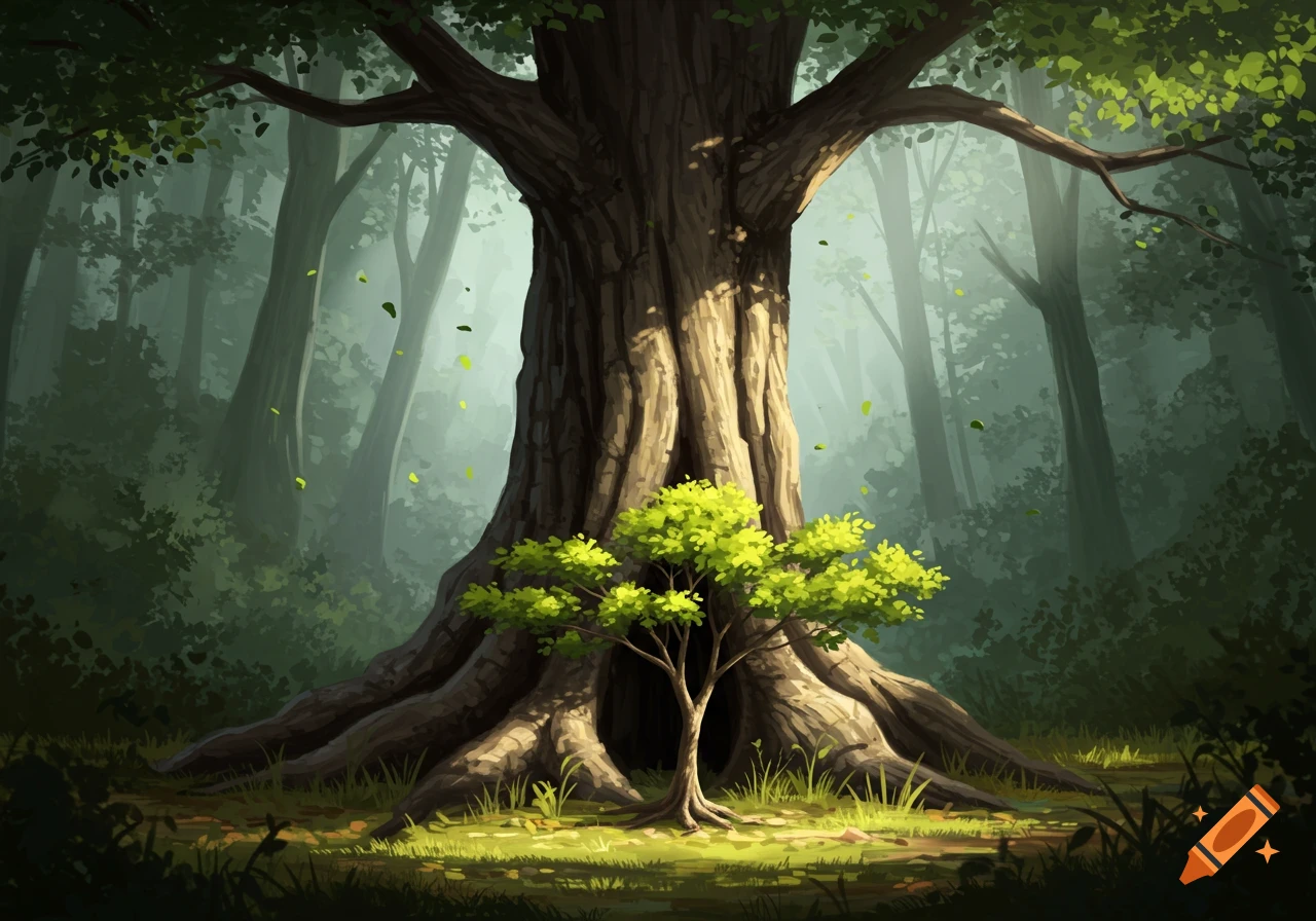An illustration of a large tree with a small tree growing at its base in a misty forest.