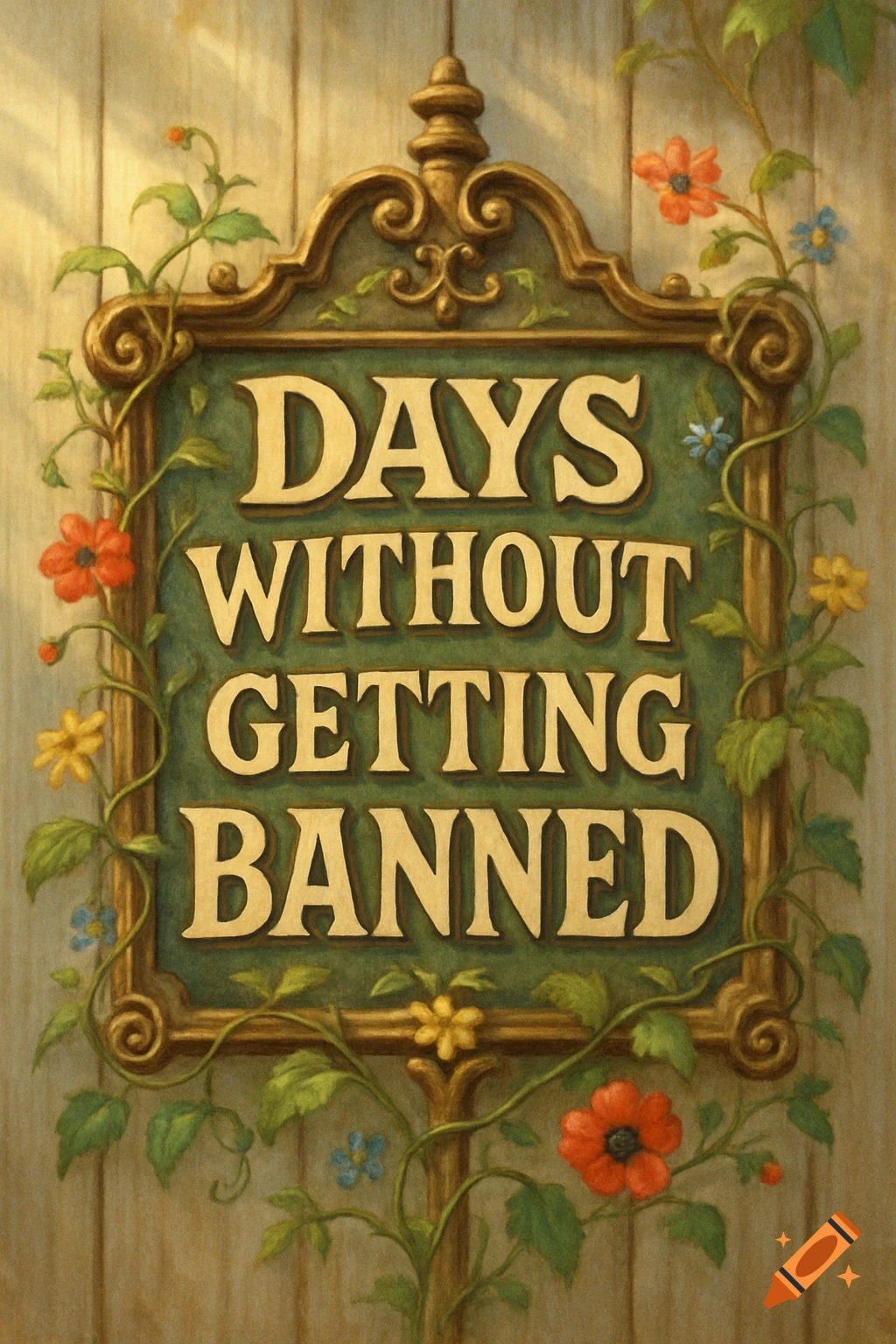 An ornate, decorative wooden sign with climbing vines and flowers, displaying the bold text 'DAYS WITHOUT GETTING BANNED'.