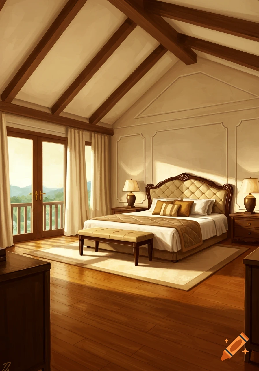 Luxurious bedroom with cathedral ceiling, exposed beams, king-size bed, and balcony overlooking mountains.