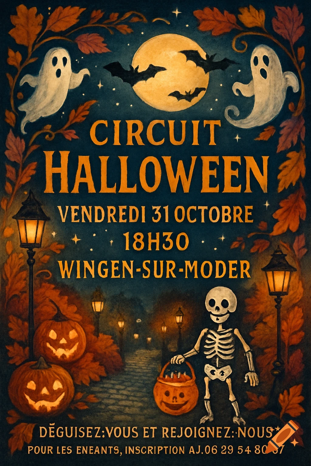 A vintage-style Halloween event poster featuring ghosts, bats, a skeleton, pumpkins, and autumn leaves under a full moon.