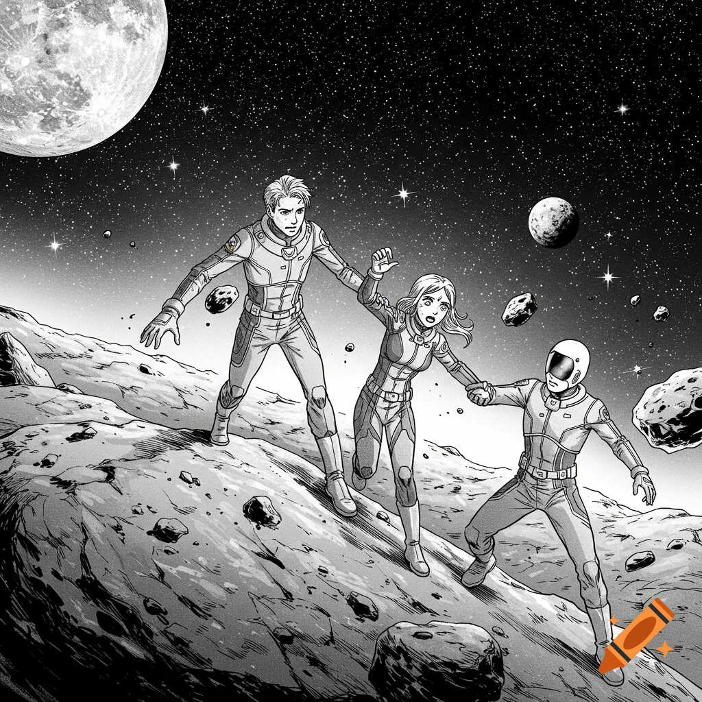 Black and white manga illustration of three astronauts, two helping a woman run on a rocky asteroid under a starry sky with a large moon.