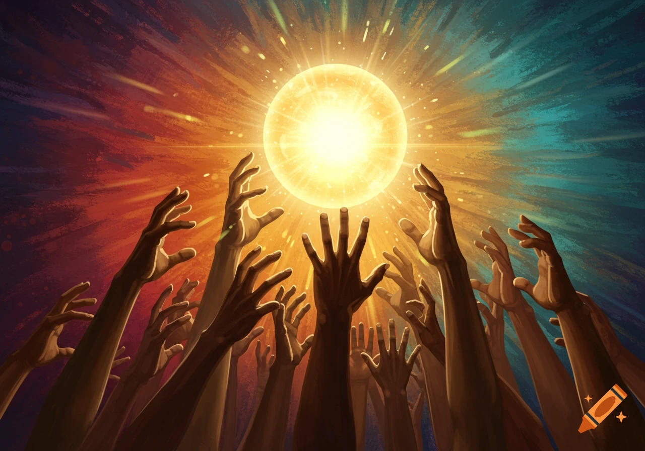 Many hands reach up towards a bright, glowing orb amidst red, orange, and blue light in an illustrative style.
