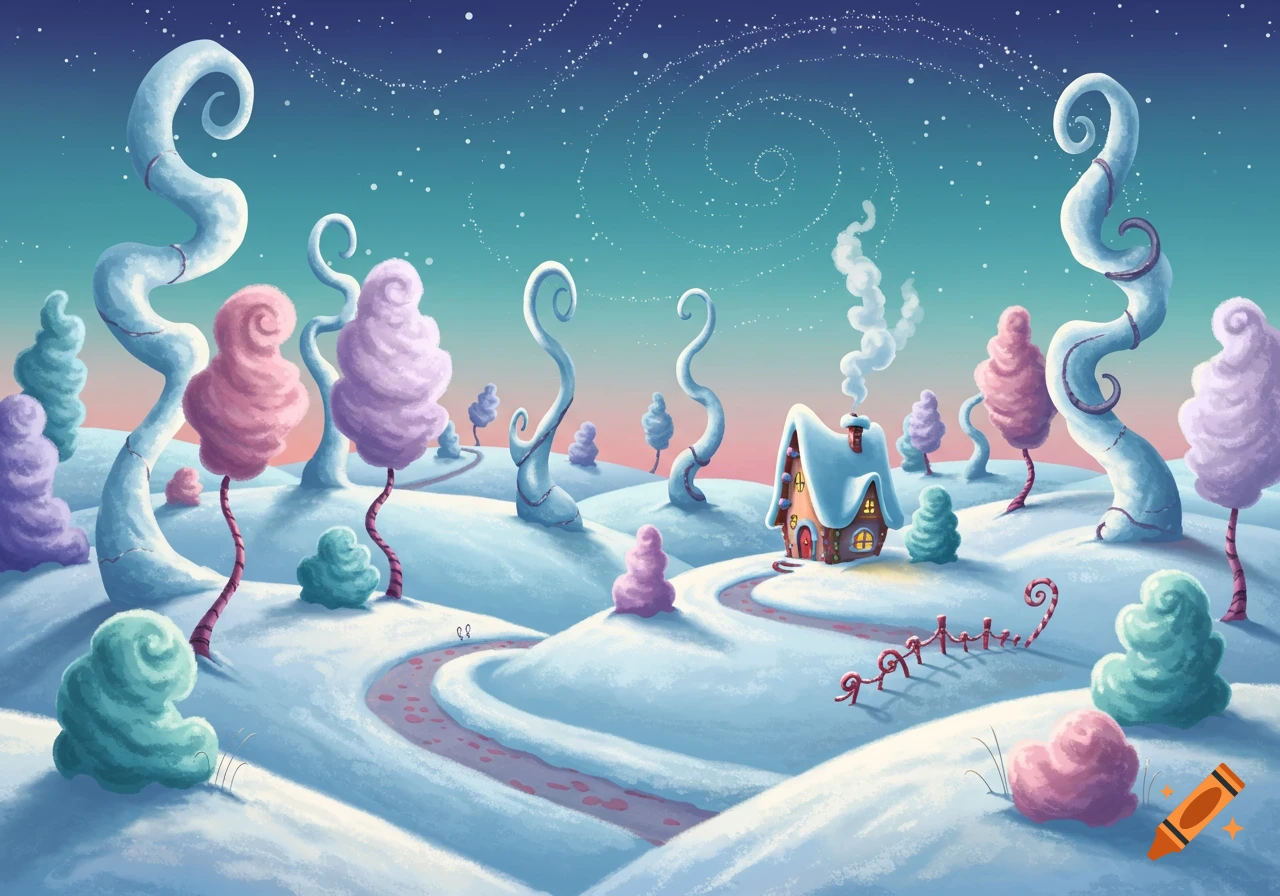 A whimsical Dr. Seuss-style snowy landscape with pastel-colored cotton candy trees, a small gingerbread-like house, and a winding path under a starry blue and pink sky.