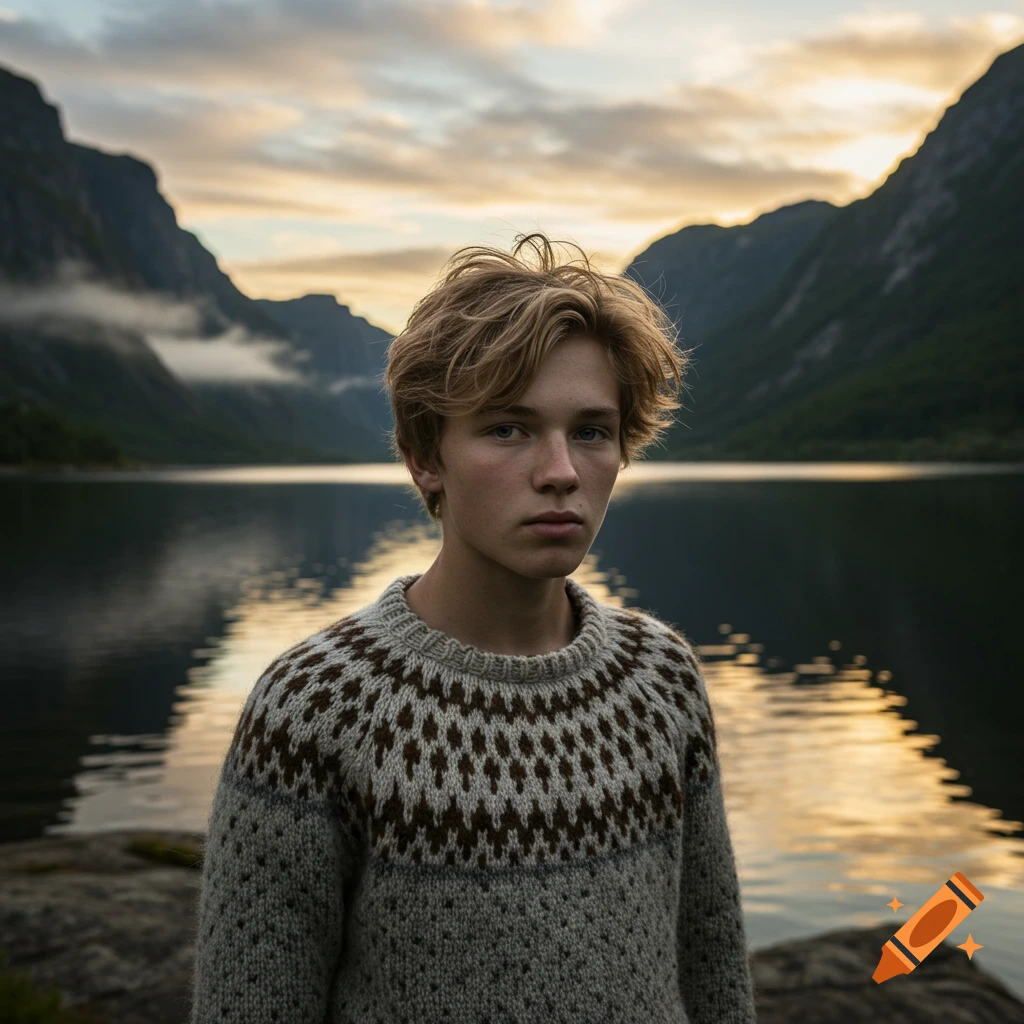 A young man with blonde hair wearing a patterned sweater stands by a serene lake with mountains and a warm sky at dusk.