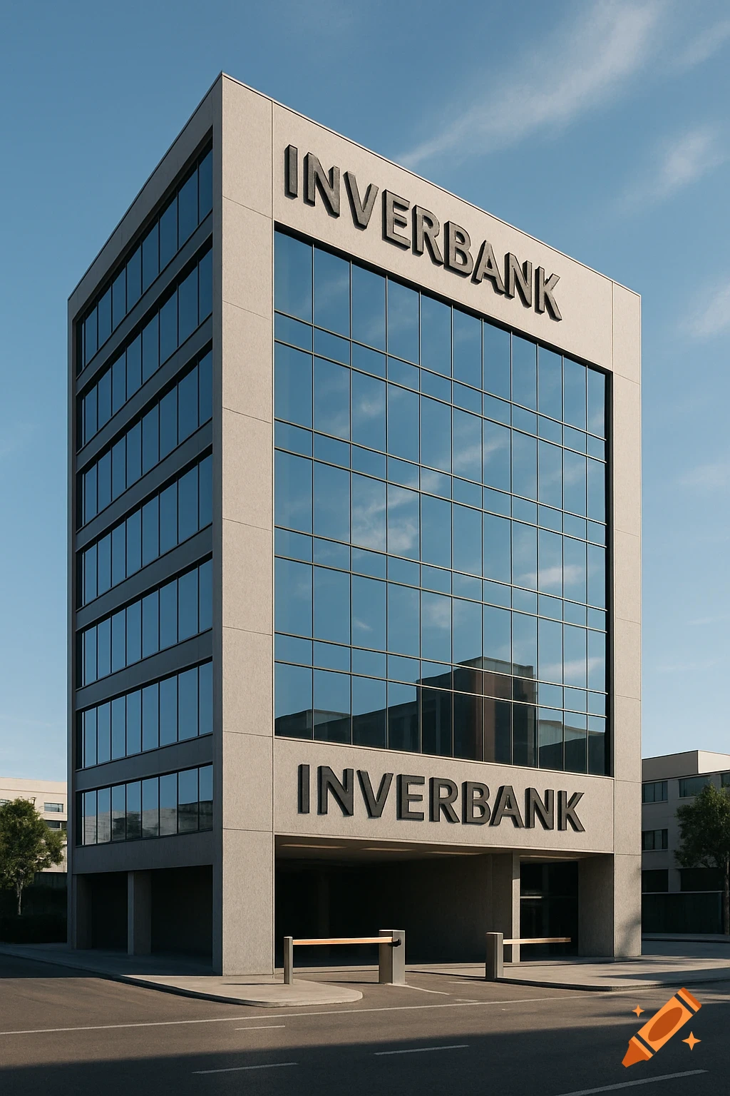 A modern, grey concrete and glass corporate building with 'INVERBANK' on its facade, featuring parking barriers and a clear blue sky.