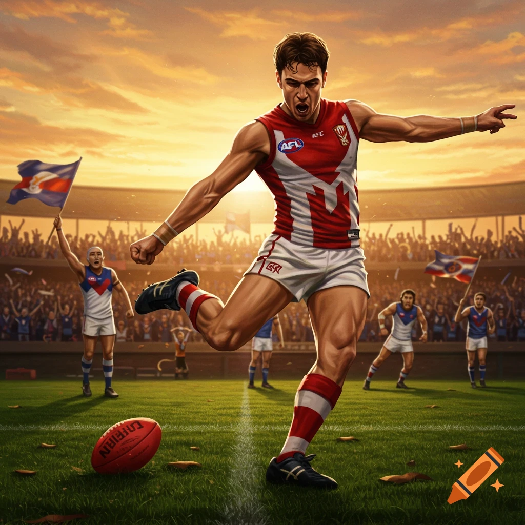 A muscular male athlete in a red and white uniform kicks an Australian Rules football on a green field in a stadium at sunset.