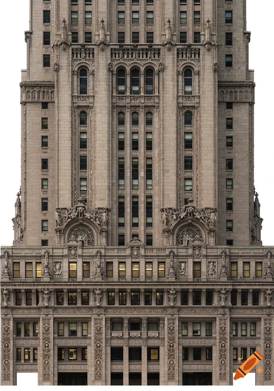 Photorealistic orthographic view of the highly detailed, ornate facade of the Metropolitan Life Insurance Tower.