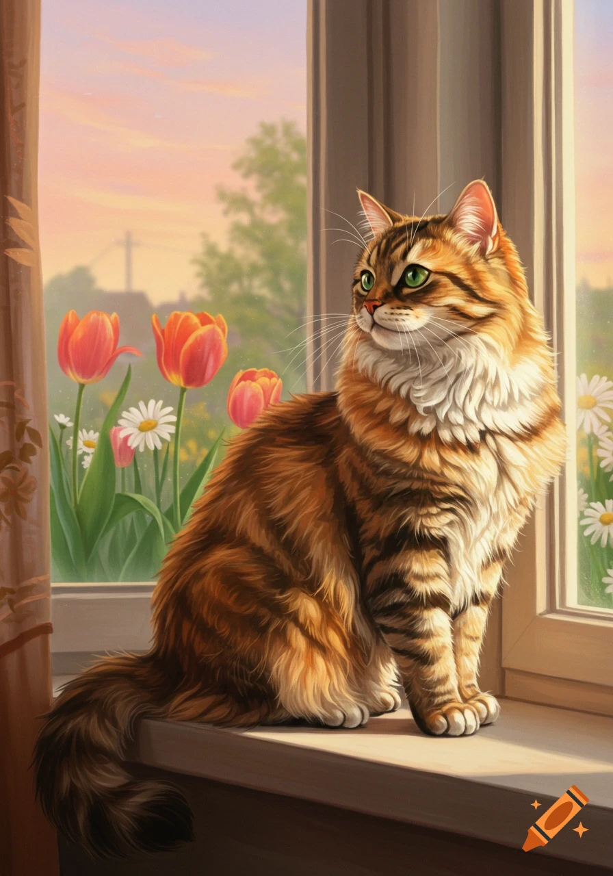 A fluffy orange tabby cat with green eyes sits on a windowsill, looking out at tulips, daisies, and a sunset sky.