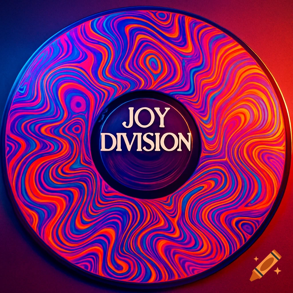 A vibrant, psychedelic vinyl record with swirling pink, orange, blue, and purple patterns, featuring "JOY DIVISION" on the central label.