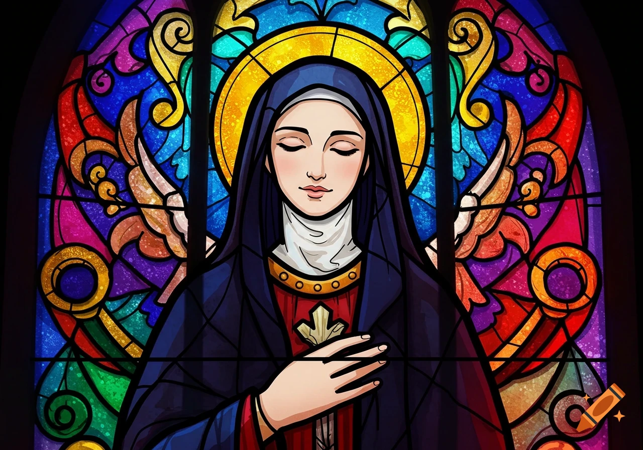 Cartoon-style stained glass depiction of Saint Rita with closed eyes, surrounded by colorful patterns.