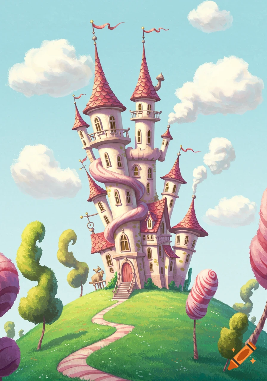 A whimsical Dr. Seuss style cartoon castle with pink roofs on a green hill under a blue sky with fluffy clouds.