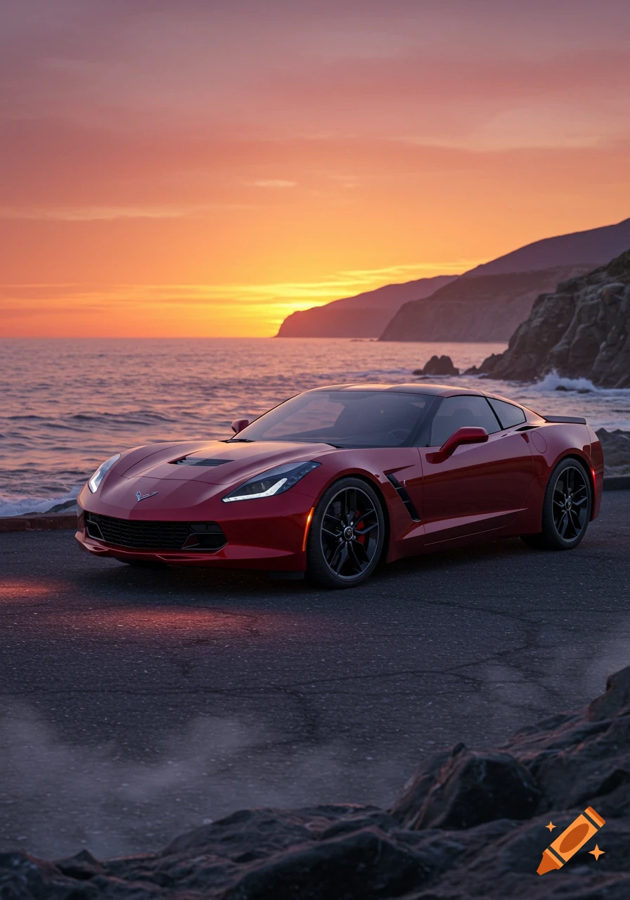 A red Corvette sports car is parked on a coastal road at sunset, with an orange sky over the ocean and mountains.