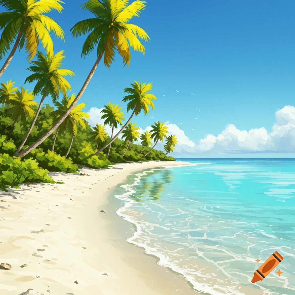 Stylized illustration of a tropical beach with white sand, palm trees with yellow leaves, and clear blue ocean.