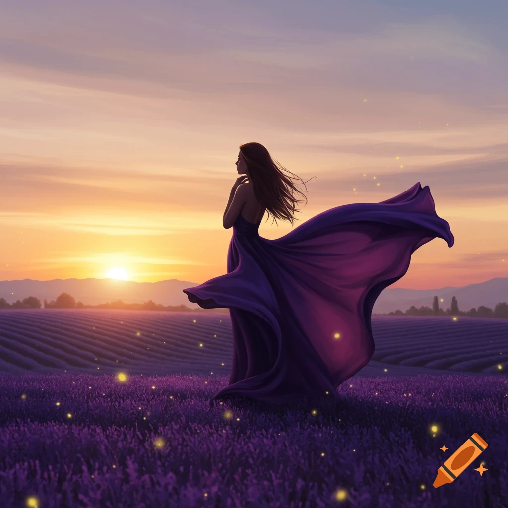 An illustration of a woman in a flowing purple dress standing in a vast lavender field at sunset, with glowing specks.