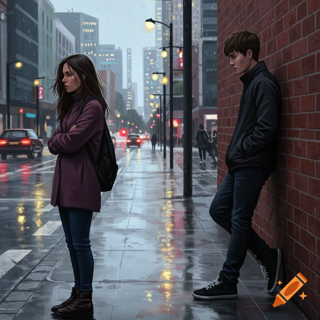 A man and woman stand separately on a wet, rainy city street at night, both looking downcast in a digital illustration.
