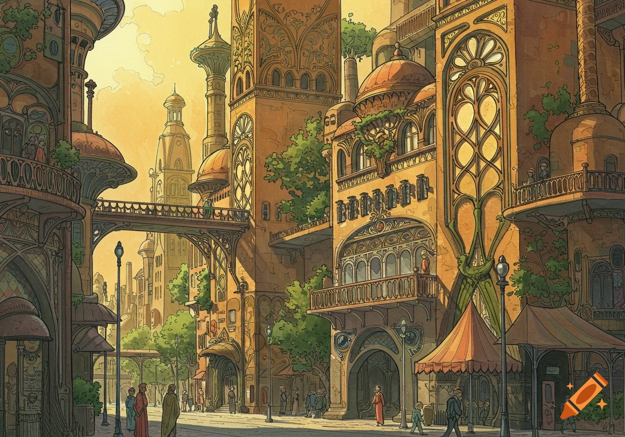 Hand-drawn futuristic city in comic book style, featuring ornate Art Nouveau buildings, bridges, and people on a warm-toned street.