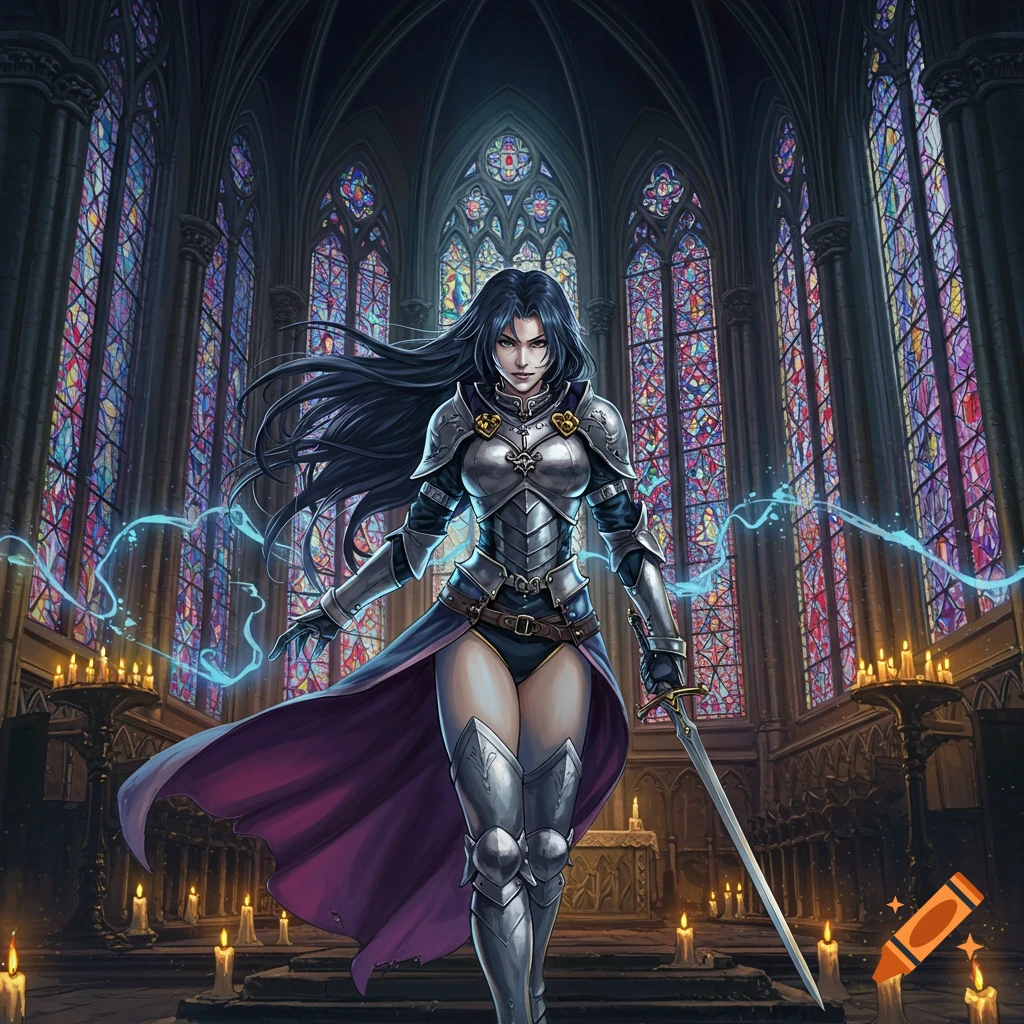 A female warrior in silver armor with a sword and magic stands in a candlelit gothic cathedral with stained glass.