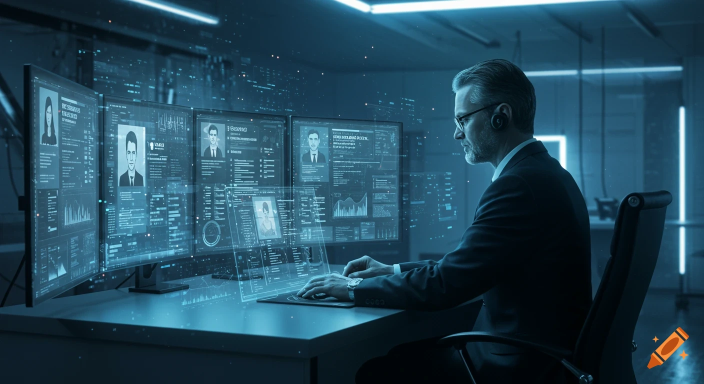 A man in a suit works at a desk with multiple holographic screens displaying digital CVs and data in a futuristic, blue-lit office.