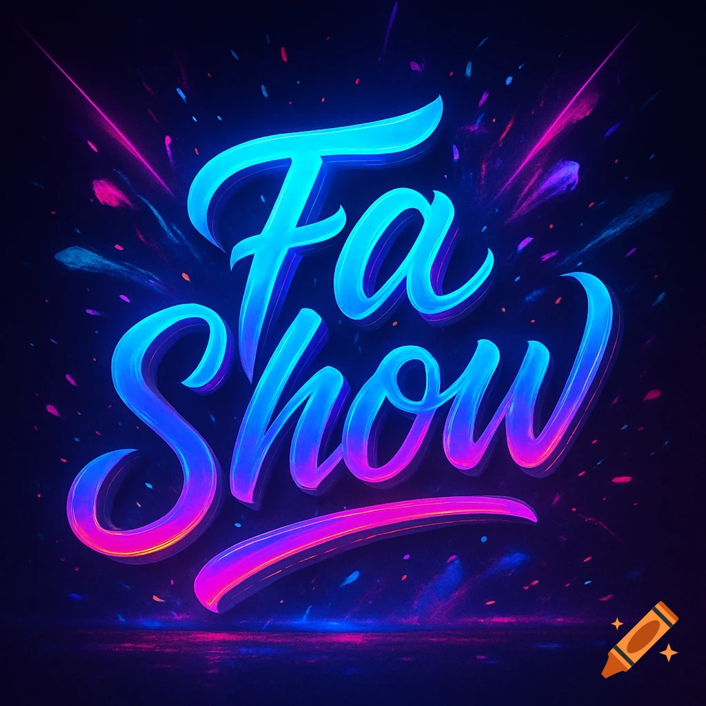Glowing blue and pink text "Fa Show" against a dark background with abstract neon light streaks and particles.