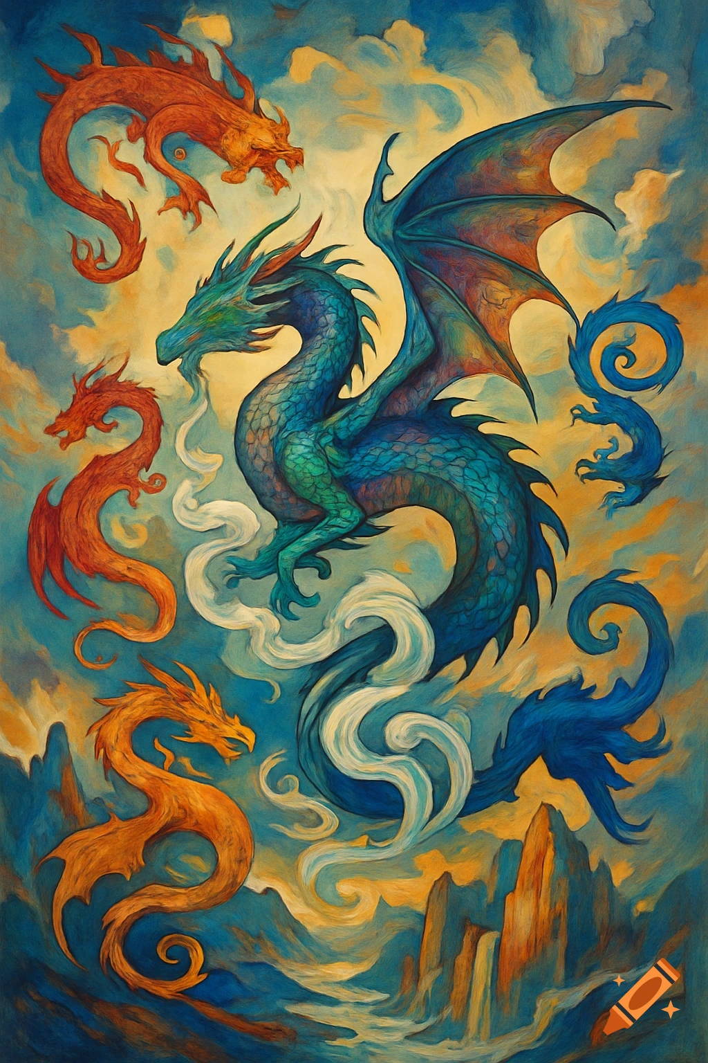 A vibrant painting of a large blue-green winged dragon surrounded by smaller red and blue dragons amidst colorful clouds and mountains.