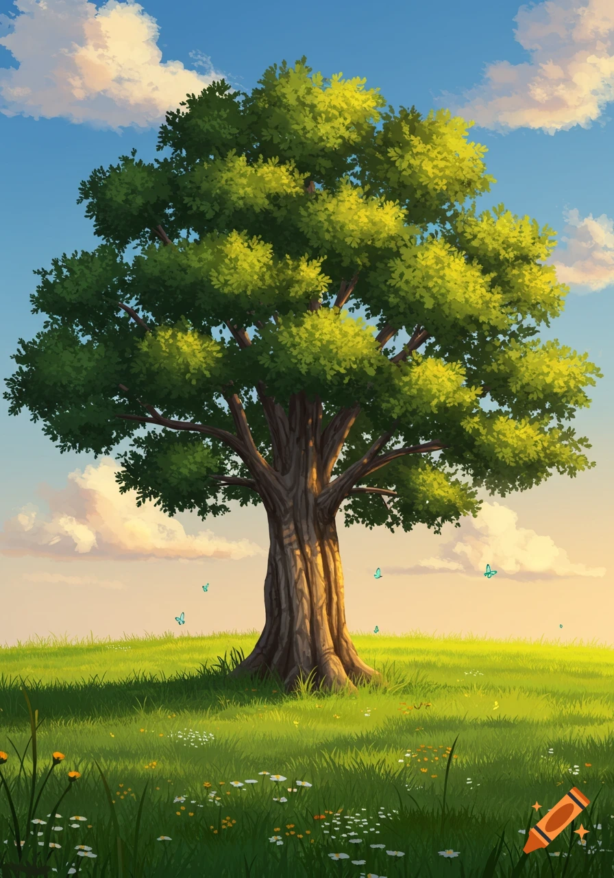 Vibrant illustration of a large green tree in a grassy field with wildflowers and butterflies, under a blue and orange cloudy sky.
