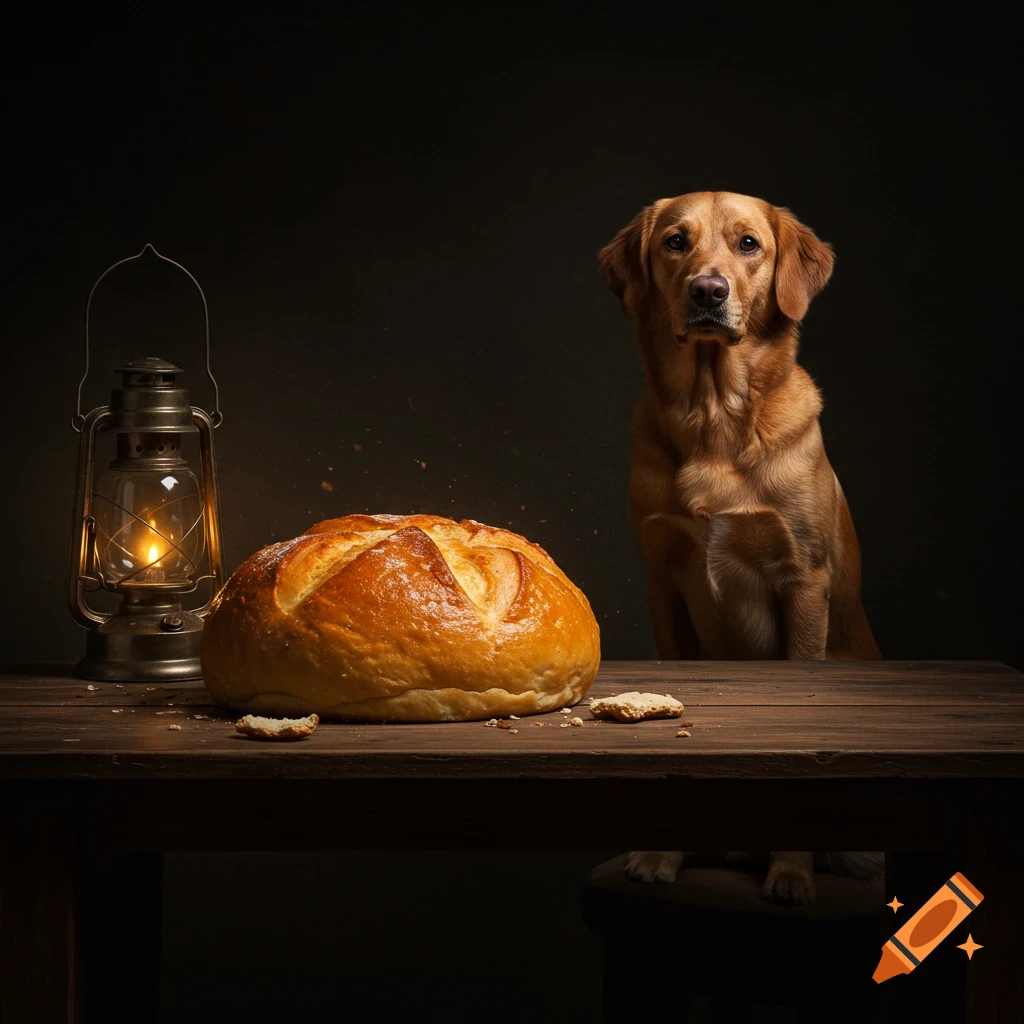 A golden retriever sits on a dark wooden table beside a fresh loaf of bread and a lit lantern.